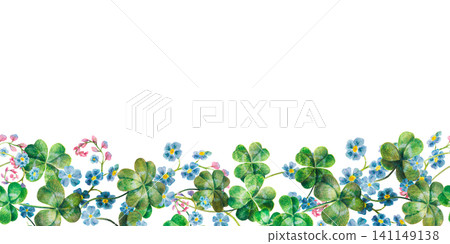 Floral seamless border of green clovers and blue forget-me-nots hand drawing watercolor art. A festive Irish frame perfect for St. Patrick's Day greeting cards, spring invitations, or menu edge decor. Floral seamless border of green clovers and blue forget-me-nots hand drawing watercolor art. A festive Irish frame perfect for St. Patrick's Day greeting cards, spring invitations, or menu edge decor. 141149138