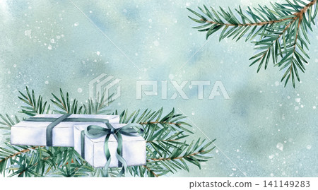 Abstract pastel green watercolor horizontal banner with elegant white gift boxes and fir tree branches. Holiday winter background hand drawn isolated illustration for Christmas and New Year design Abstract pastel green watercolor horizontal banner with elegant white gift boxes and fir tree branches. Holiday winter background hand drawn isolated illustration for Christmas and New Year design 141149283