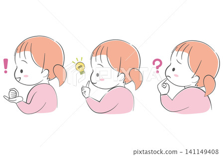 小女孩的三個不同側面像:靈感、想法和問題。 小女孩的三個不同側面像:靈感、想法和問題。 141149408
