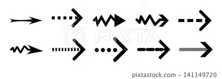 Zigzag and dashed arrow vector lines, Creative black pointing icons, Assorted style direction indicators, Dotted and broken line arrow shapes Zigzag and dashed arrow vector lines, Creative black pointing icons, Assorted style direction indicators, Dotted and broken line arrow shapes 141149720