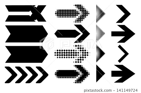 Modern vector arrow icons, Black graphic navigation signs, Diverse interface pointer collection, Halftone and solid chevrons set Modern vector arrow icons, Black graphic navigation signs, Diverse interface pointer collection, Halftone and solid chevrons set 141149724