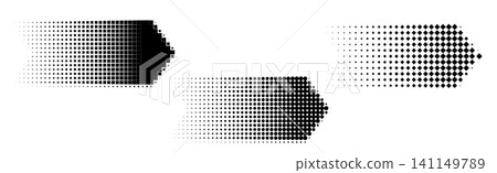 Halftone dotted black arrows set, Gradient square round diamond shape pointers, Pixelated fading direction graphics on white, Abstract texture digital arrows 141149789