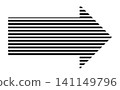 Black and white striped arrow icon, Horizontally lined right arrow graphic, Decorative geometric pointer design, Patterned directional arrow symbol 141149796