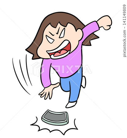 A comical illustration of a woman angrily slamming her smartphone onto the ground. A comical illustration of a woman angrily slamming her smartphone onto the ground. 141149809