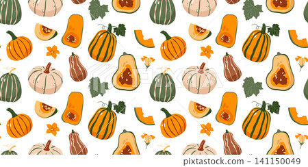 Seamless pattern with autumn pumpkins squashes and flowers on white background Seamless pattern with autumn pumpkins squashes and flowers on white background 141150049