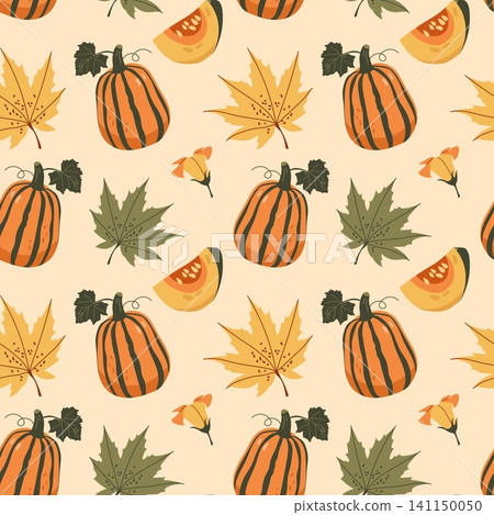 Autumn seamless pattern with striped pumpkins maple leaves and slices on beige background Autumn seamless pattern with striped pumpkins maple leaves and slices on beige background 141150050