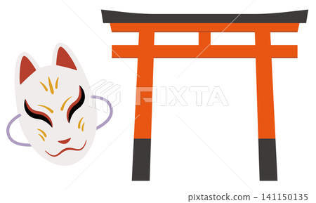 日本狐狸面具與鳥居插圖 日本狐狸面具與鳥居插圖 141150135