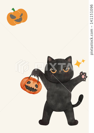 Black Cat Halloween Greeting Card Cute Watercolor Pumpkin Copy Space for Party Invitation and Seasonal Design Black Cat Halloween Greeting Card Cute Watercolor Pumpkin Copy Space for Party Invitation and Seasonal Design 141151096