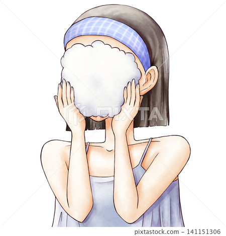 一幅年輕女子用大量泡沫洗臉的插圖。 一幅年輕女子用大量泡沫洗臉的插圖。 141151306