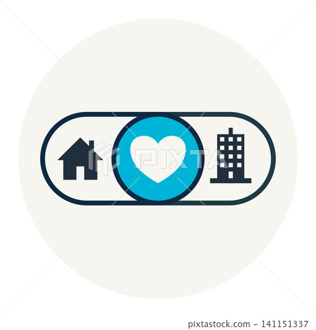 Toggle switch button with home office and heart icon symbol of remote work career integration and work life balance. Toggle switch button with home office and heart icon symbol of remote work career integration and work life balance. 141151337