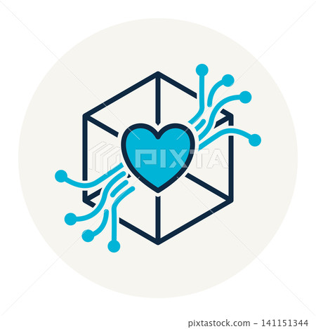 Isometric 3D cube with a heart and circuit nodes symbol of health data center smart cardiology and digital love network. Isometric 3D cube with a heart and circuit nodes symbol of health data center smart cardiology and digital love network. 141151344
