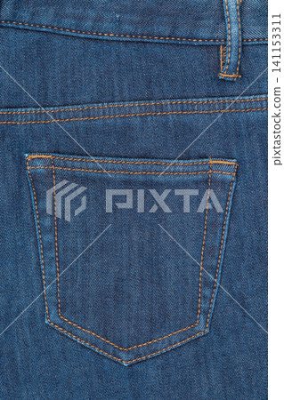 Blue jeans back pocket with orange stitching. Closeup of denim fabric texture and seam detail Blue jeans back pocket with orange stitching. Closeup of denim fabric texture and seam detail 141153311