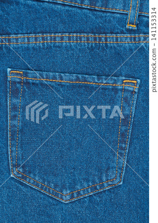 Blue denim jeans back pocket with yellow stitching texture background 141153314