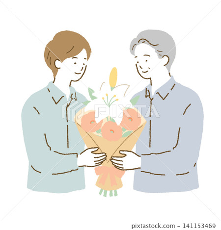 兩名男子獻上一束鮮花:人們慶祝、告別或表達感激之情的插圖。 兩名男子獻上一束鮮花:人們慶祝、告別或表達感激之情的插圖。 141153469