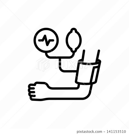 Hypertension: medical exam with sphygmomanometer. Thin line icon. Medical equipment. Vector illustration. Hypertension: medical exam with sphygmomanometer. Thin line icon. Medical equipment. Vector illustration. 141153510