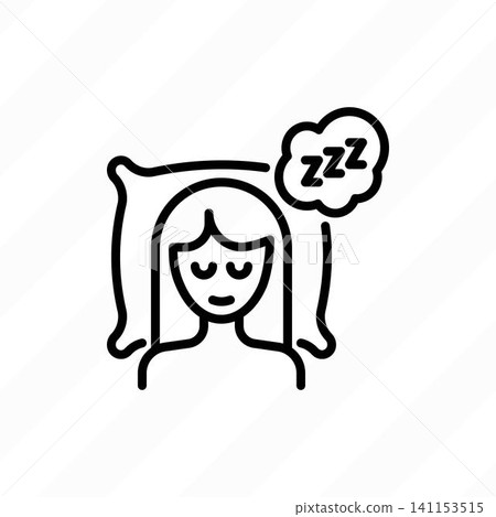 Girl sleeping on pillow with zzz symbol in speech bubble. Relaxation. Thin line icon. Vector illustration. Girl sleeping on pillow with zzz symbol in speech bubble. Relaxation. Thin line icon. Vector illustration. 141153515