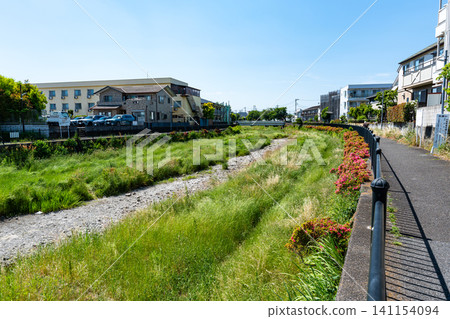 A walk along the drought-stricken Nogawa River on a clear spring day in Shibasaki, Chofu City, Tokyo. A walk along the drought-stricken Nogawa River on a clear spring day in Shibasaki, Chofu City, Tokyo. 141154094