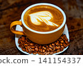 Cup of coffee decorated with heart and coffee beans transparent dark background 141154337