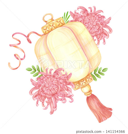 Hand drawn watercolor paper Chinese lantern with chtysanthemum leaves and ribbons. Illustration isolated on white background. Can be used for label, design, scrapbook and other printed products Hand drawn watercolor paper Chinese lantern with chtysanthemum leaves and ribbons. Illustration isolated on white background. Can be used for label, design, scrapbook and other printed products 141154366