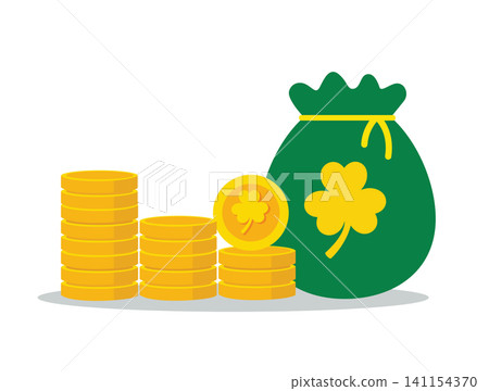 Gold Coins Stack and Money Bag with Shamrock Gold Coins Stack and Money Bag with Shamrock 141154370