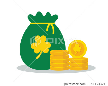 Gold Coins Stack and Money Bag with Shamrock Gold Coins Stack and Money Bag with Shamrock 141154371