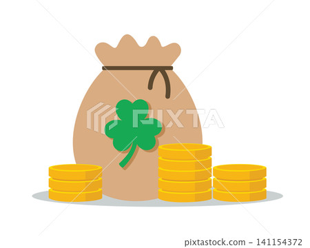 Gold Coins Stack and Money Bag with Shamrock Gold Coins Stack and Money Bag with Shamrock 141154372