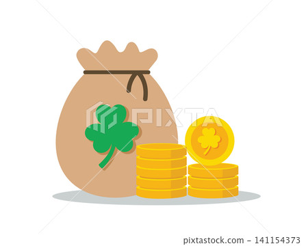 Gold Coins Stack and Money Bag with Shamrock Gold Coins Stack and Money Bag with Shamrock 141154373
