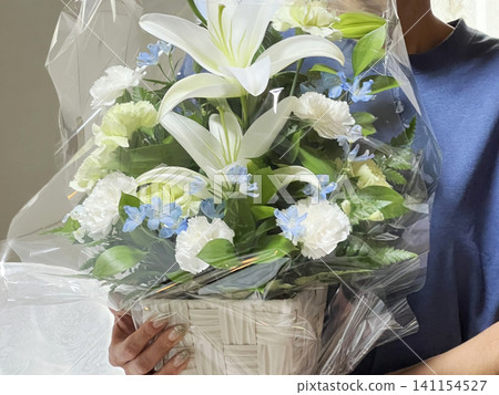 A woman holding a white lily as a floral offering. A woman holding a white lily as a floral offering. 141154527