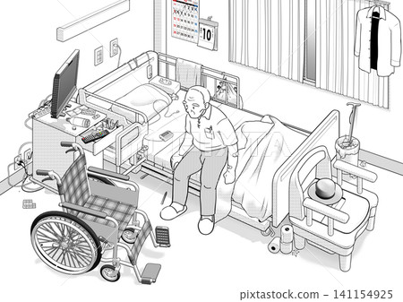 Caregiving KYT - Elderly person sitting on a bed in their room at a care facility Caregiving KYT - Elderly person sitting on a bed in their room at a care facility 141154925