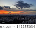 The evening view of Tokyo's skyscrapers and cityscape, bathed in the fiery colors of the sunset. 141155034