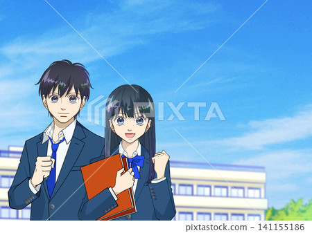 An anime-style illustration of a high school or middle school student (male or female) smiling and making a victory pose with the school building in the background under a blue sky. An anime-style illustration of a high school or middle school student (male or female) smiling and making a victory pose with the school building in the background under a blue sky. 141155186