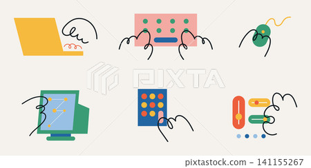 Hand drawn line icon collection featuring modern workplace technology, devices and digital tools illustration. Hand drawn line icon collection featuring modern workplace technology, devices and digital tools illustration. 141155267