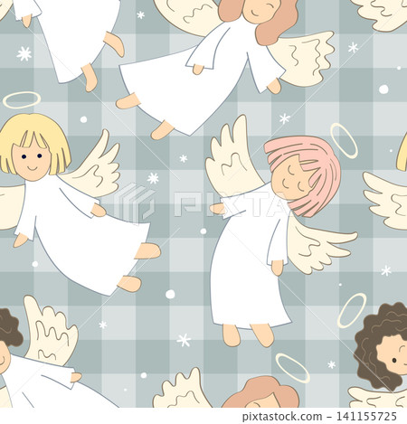 Christmas seamless pattern with kawaii angels on gingham background. Vector checkered plaid and cute angels hand drawn print 141155725