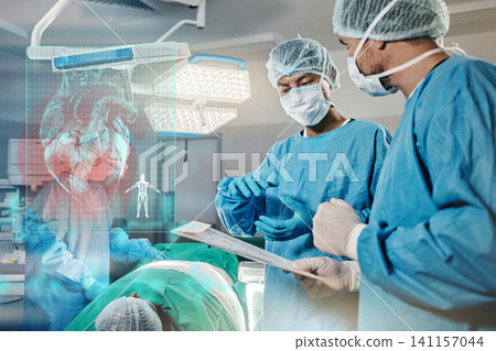 Surgery, overlay or surgeons with teamwork for emergency, accident or healthcare in hospital clinic. Open heart, medical paper checklist or doctors in operation or surgical collaboration for support Surgery, overlay or surgeons with teamwork for emergency, accident or healthcare in hospital clinic. Open heart, medical paper checklist or doctors in operation or surgical collaboration for support 141157044
