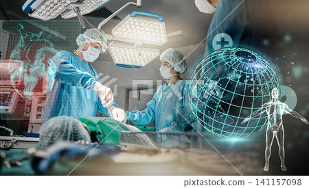 Doctors, hospital and hologram globe with surgery in operating room in scrubs, ppe and help for emergency. Surgeon, group and procedure in icu, 3d overlay and cardiology with heart wellness at clinic 141157098