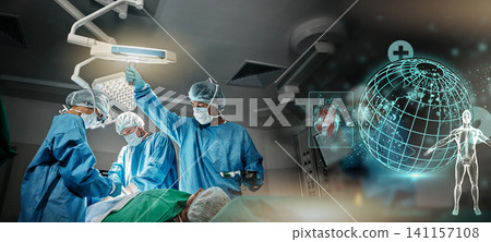 Doctors, hospital and surgery with global hologram of earth in operating room with ppe, anatomy and emergency. Surgeon, group and planet in icu, 3d overlay and cardiology with heart icon at clinic Doctors, hospital and surgery with global hologram of earth in operating room with ppe, anatomy and emergency. Surgeon, group and planet in icu, 3d overlay and cardiology with heart icon at clinic 141157108
