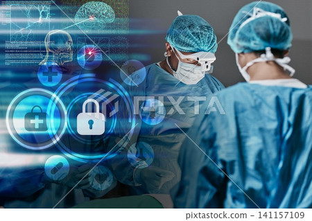 Overlay, hospital and healthcare insurance with surgeon team for medical service, icons or future at job. Holographic display, symbol and sign for policy, people or digital transformation in clinic 141157109