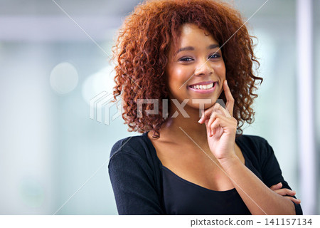 Portrait, thinking and smile of business woman in office at startup company for career and bokeh in South Africa. Face, confident and happy creative professional, employee and designer with mockup Portrait, thinking and smile of business woman in office at startup company for career and bokeh in South Africa. Face, confident and happy creative professional, employee and designer with mockup 141157134