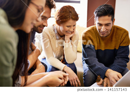 Happy people, meeting and planning with laptop at cafe for team discussion or creative project. Group of employees or friends with technology for brainstorming or startup at coffee shop or lounge Happy people, meeting and planning with laptop at cafe for team discussion or creative project. Group of employees or friends with technology for brainstorming or startup at coffee shop or lounge 141157143