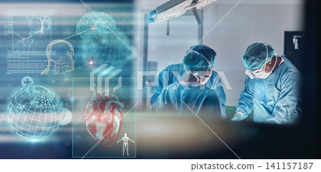 Doctors, hospital and surgery with global hologram of world in operating room with ppe, anatomy and brain icon. Surgeon, group and planet in icu, 3d earth and cardiology with heart overlay at clinic Doctors, hospital and surgery with global hologram of world in operating room with ppe, anatomy and brain icon. Surgeon, group and planet in icu, 3d earth and cardiology with heart overlay at clinic 141157187