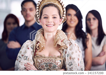 Woman, leader and noble with portrait, smile and team for professional workforce. Manager, corporate and crown with people, collaboration and workplace with victorian ruler for achievement or success Woman, leader and noble with portrait, smile and team for professional workforce. Manager, corporate and crown with people, collaboration and workplace with victorian ruler for achievement or success 141157200