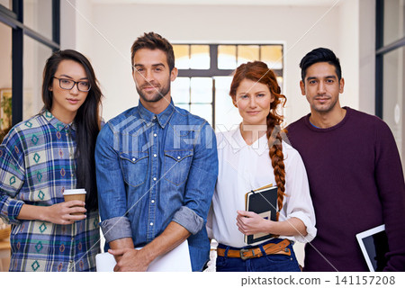 Notebook, portrait or designers in startup for teamwork or collaboration with coffee in creative company. Group, proud colleagues or serious people ready for business or diversity on project for job Notebook, portrait or designers in startup for teamwork or collaboration with coffee in creative company. Group, proud colleagues or serious people ready for business or diversity on project for job 141157208