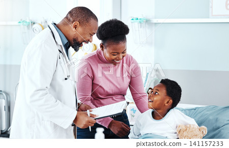 Pediatrician, hospital and child with medical, checkup and consultation for health and wellness. Doctor, kid and clinic bed with plush bear, comfort and good news for healthcare and life insurance Pediatrician, hospital and child with medical, checkup and consultation for health and wellness. Doctor, kid and clinic bed with plush bear, comfort and good news for healthcare and life insurance 141157233