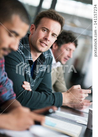 Creative, businessman and portrait in meeting with phone at office for teamwork, collaboration and cooperation. Professional, group and man with notes on smartphone for planning, project or research Creative, businessman and portrait in meeting with phone at office for teamwork, collaboration and cooperation. Professional, group and man with notes on smartphone for planning, project or research 141157234