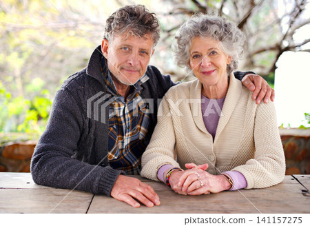 Happy, portrait and senior couple with support outdoor on holiday or relax on vacation in retirement. Elderly, man and woman in embrace in backyard or garden of home with care and love in marriage Happy, portrait and senior couple with support outdoor on holiday or relax on vacation in retirement. Elderly, man and woman in embrace in backyard or garden of home with care and love in marriage 141157275