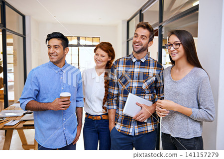 Colleagues, office and business people with tablet for teamwork, communication or creative company. Startup, professional and diverse staff together for happiness, confidence or collaboration 141157279