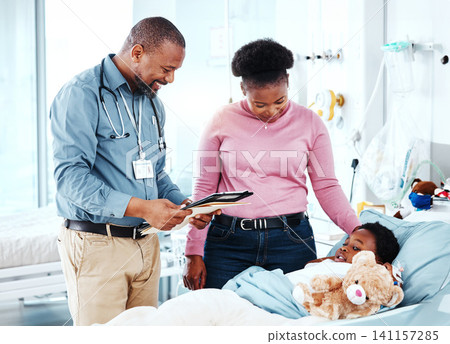 Doctor, hospital and child with medical, checkup and consultation for health and wellness. Pediatrician, kid and bed with stuffed bear, comfort and good news for healthcare and life insurance Doctor, hospital and child with medical, checkup and consultation for health and wellness. Pediatrician, kid and bed with stuffed bear, comfort and good news for healthcare and life insurance 141157285
