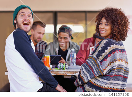 Portrait, men and women at study group with smile, drinks and social support in education. Books, tablet and happy college students relax together, fun friends on patio with diversity and opportunity Portrait, men and women at study group with smile, drinks and social support in education. Books, tablet and happy college students relax together, fun friends on patio with diversity and opportunity 141157308
