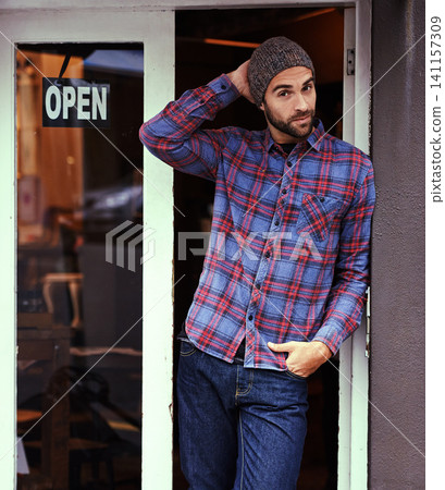 Confidence, cafe and portrait of man with sign at entrance of restaurant for small business owner. Open, pride and entrepreneur at coffee shop with career in service, hospitality and standing at door Confidence, cafe and portrait of man with sign at entrance of restaurant for small business owner. Open, pride and entrepreneur at coffee shop with career in service, hospitality and standing at door 141157309