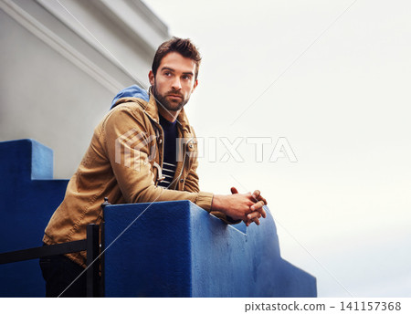 Fashion, travel and urban for male person, city and clothing for cold season. Confidence, thinking and style with trendy clothes for explore in New York, autumn and outdoors for trip or vacation 141157368